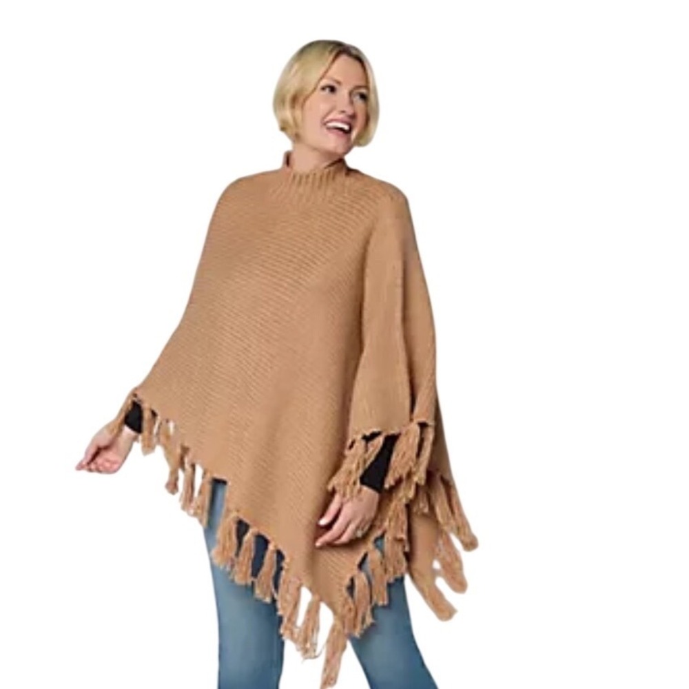 Martha Stewart Signature Asymmetrical Fringe Sweater Cape Burro Tan One Size NEW